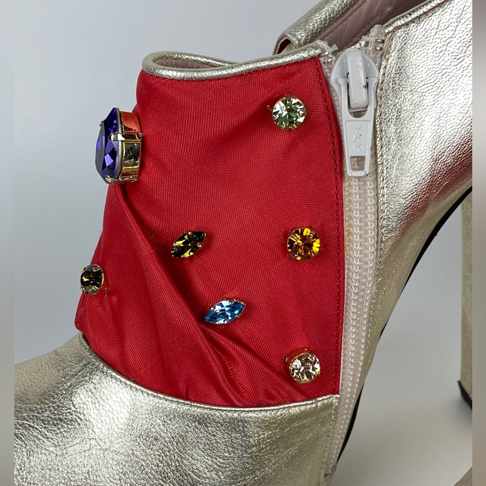 Patricia Rosales Gold Leather Red Satin Swarovski Jewel Embellished Ankle Boots - Picture 5 of 15